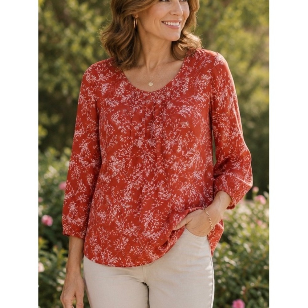 41 Hawthorn Womens Blouse‎ Orange Medium Floral Print Work Office Career